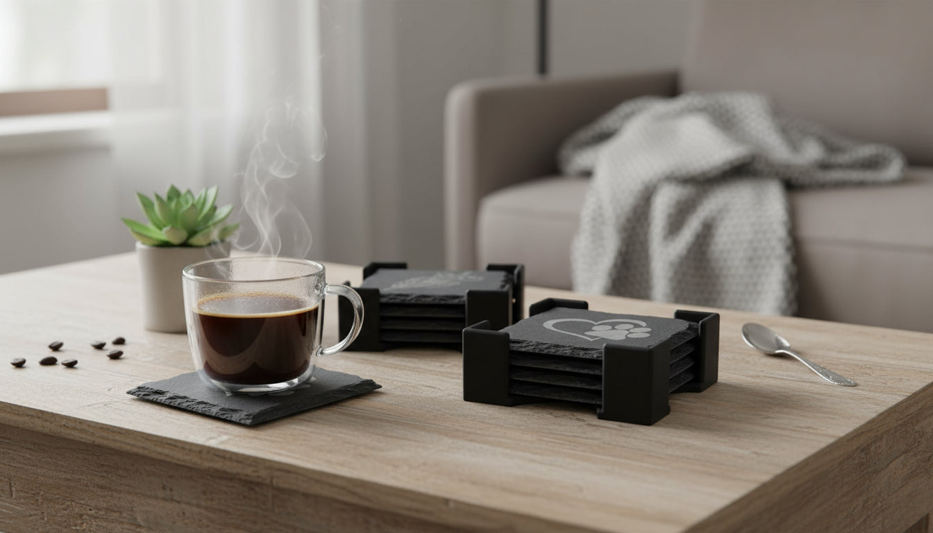 Laser-Engraved Slate Coaster Set (4) + 3D Printed Holder