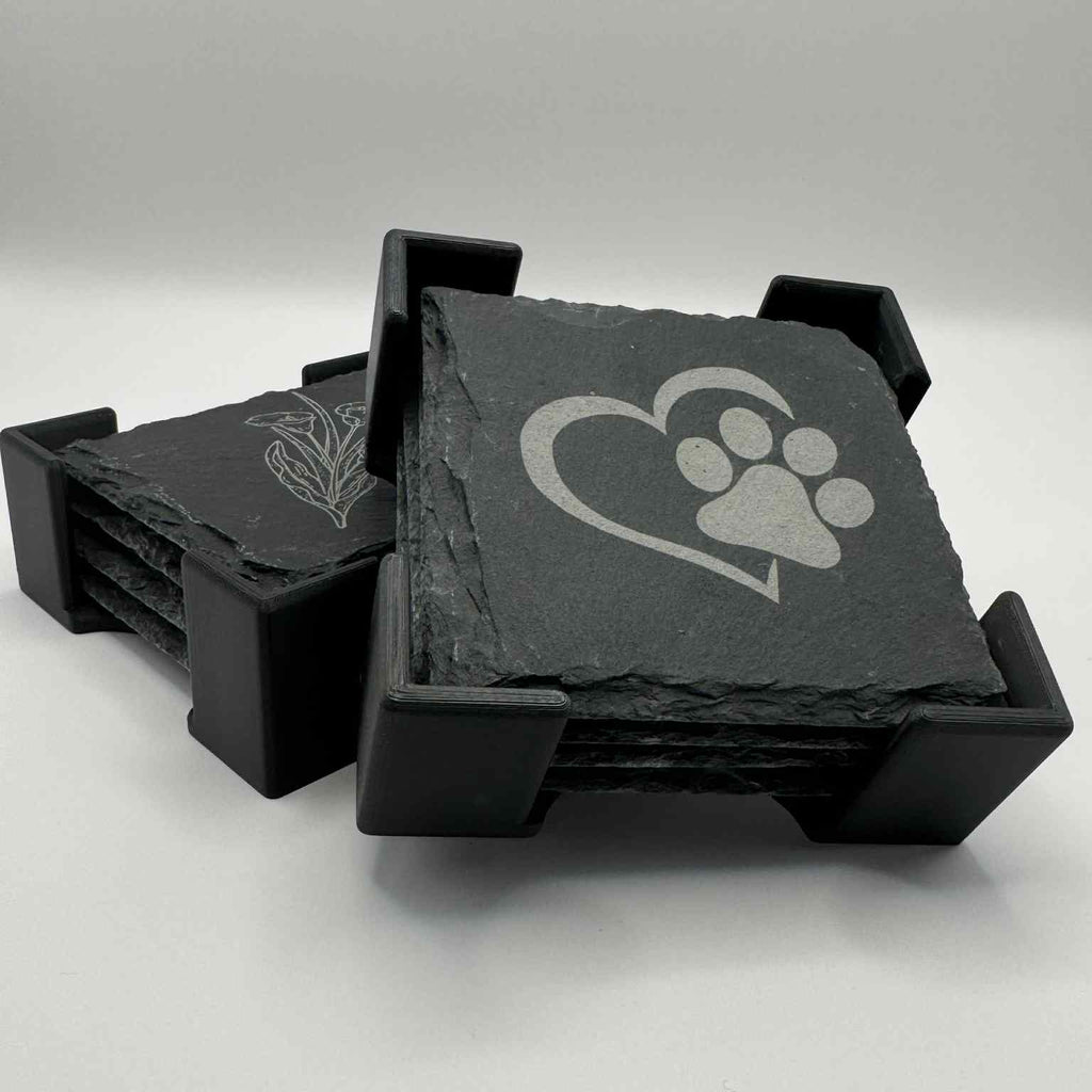 Laser-Engraved Slate Coaster Set (4) + 3D Printed Holder