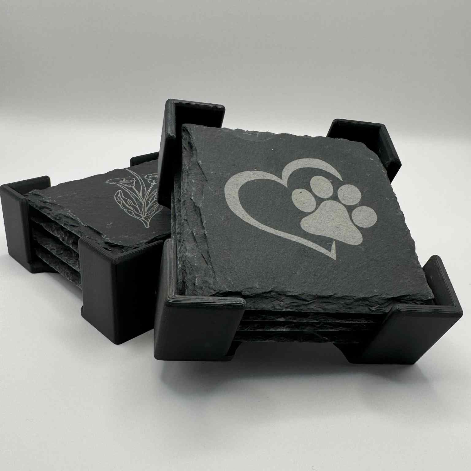 Laser-Engraved Slate Coaster Set (4) + 3D Printed Holder