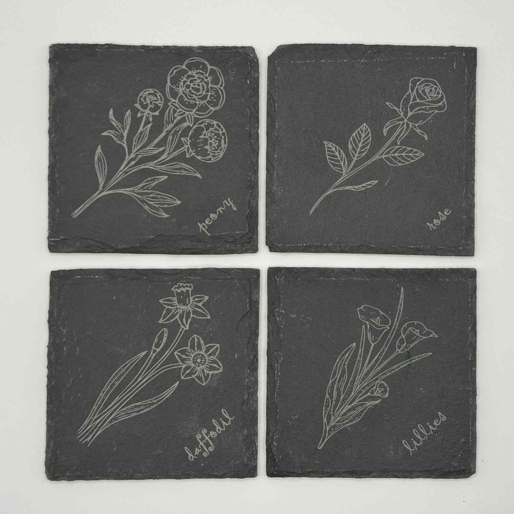 Laser-Engraved Slate Coaster Set (4) + 3D Printed Holder