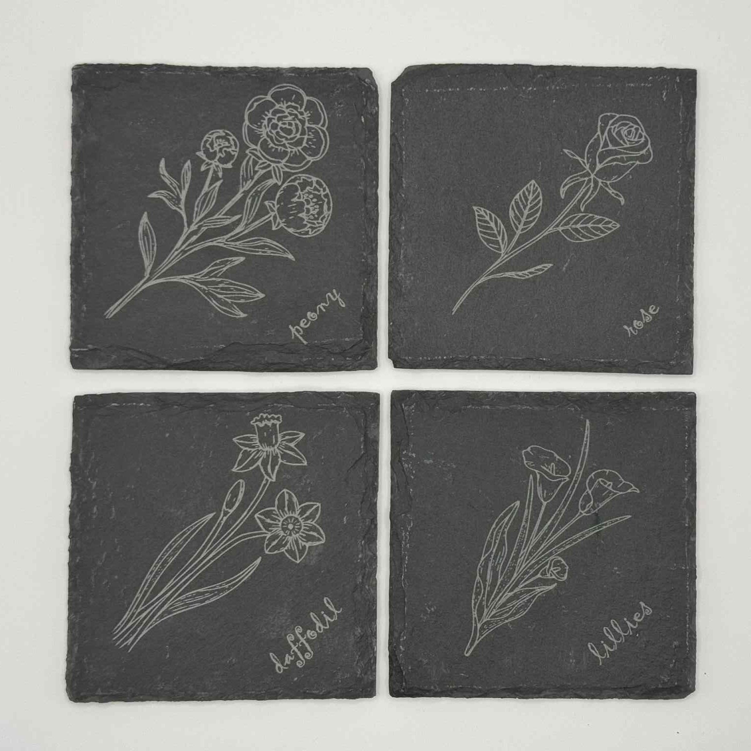 Laser-Engraved Slate Coaster Set (4) + 3D Printed Holder