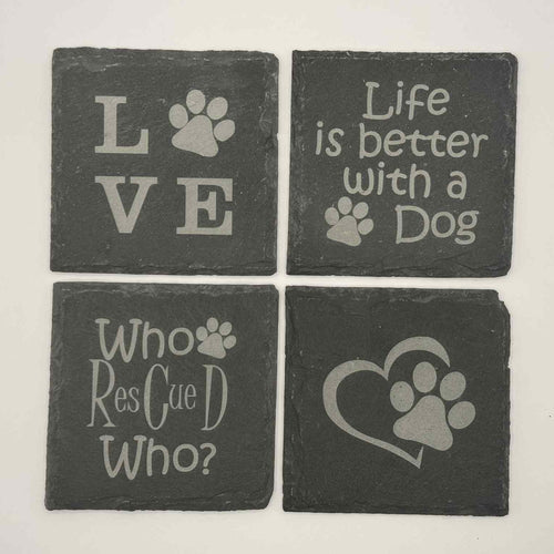 Laser-Engraved Slate Coaster Set (4) + 3D Printed Holder